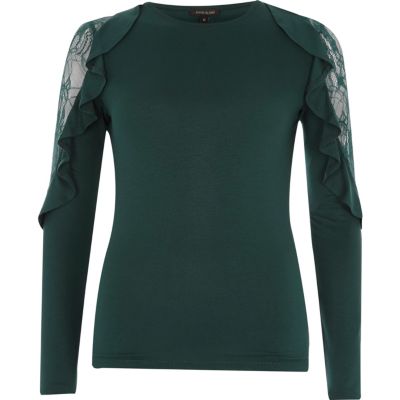 Dark green frill lace sleeve top